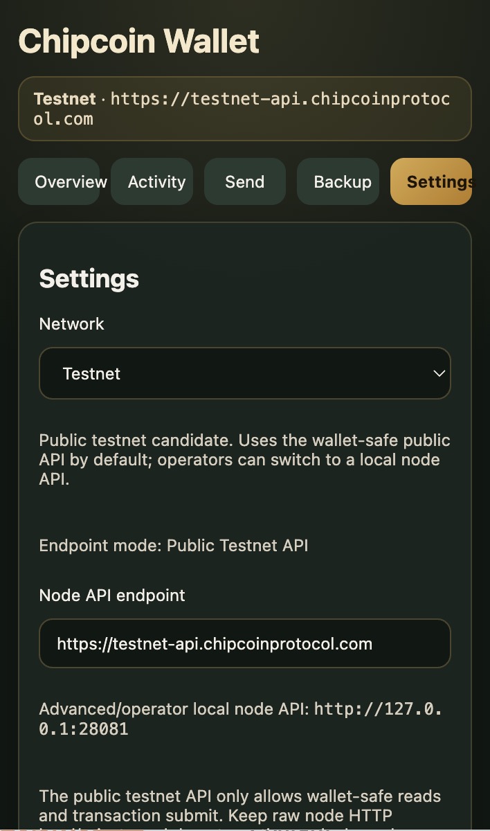 Chipcoin Testnet Wallet settings screen showing the Testnet network selector and public testnet API endpoint